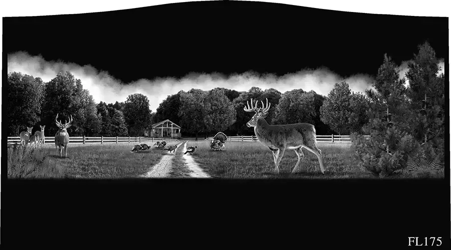 Deer in a field near a farmhouse with trees and a dirt road under a cloudy sky.