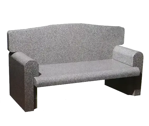 Grey concrete park bench with a back and armrests.