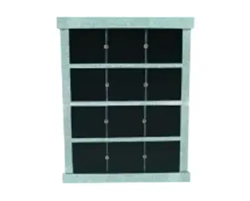 Gray cabinet with four black compartments, each with a small knob.
