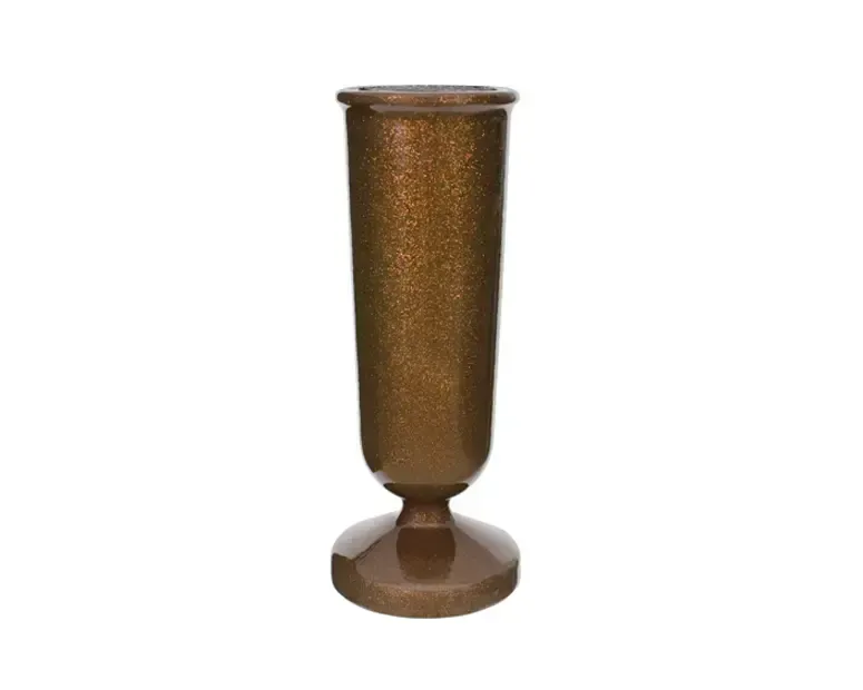 Bronze-colored, glittery vase on a pedestal base, suitable for holding flowers.