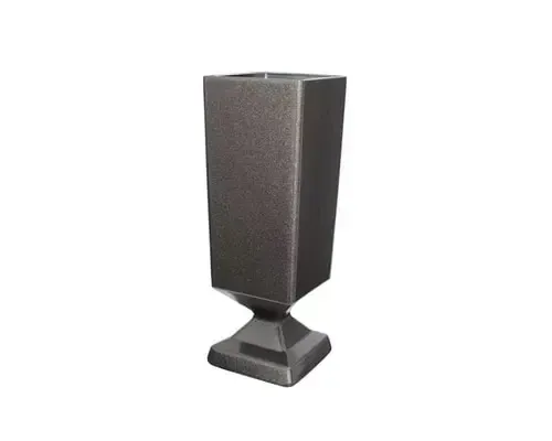 Bronze-colored, geometric vase on a square base, possibly for a grave or memorial.