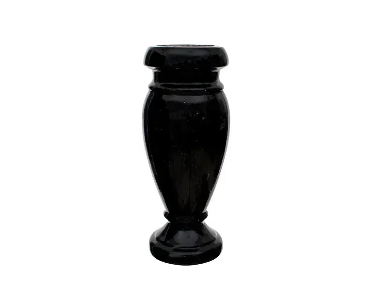Black granite vase with flared base and rim, isolated on white.