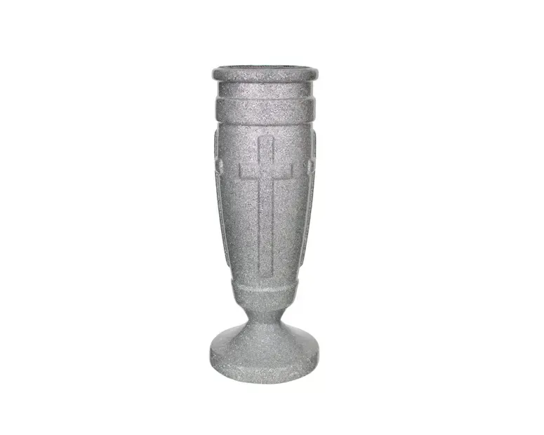Gray granite-like vase with a cross design on a white background.