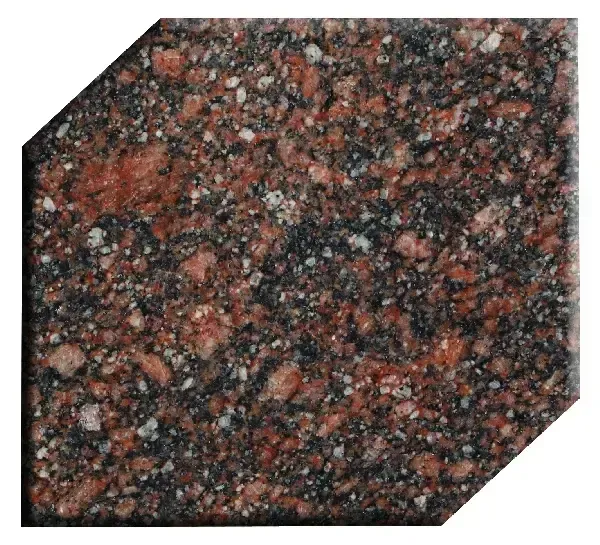 Red and black granite tile with a rough, speckled texture.