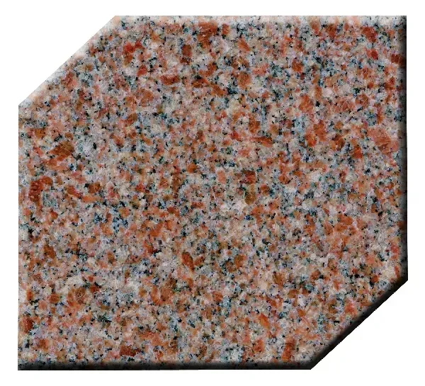 Red and gray granite countertop sample, pentagon shaped.