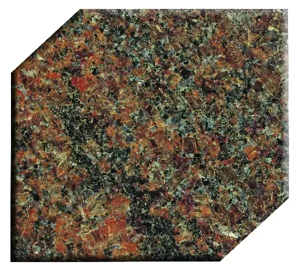 Brown and red granite tile with black and gray flecks, cut in a hexagon shape.