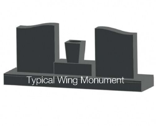 Black granite wing monument with two upright slabs, a center vase, and a base, labeled 