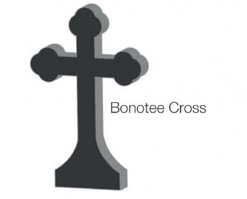 Silhouette of a Bonotee cross, dark gray with a shadow, set against a white background.