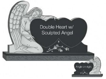 Gravestone with double heart and kneeling angel sculpture.