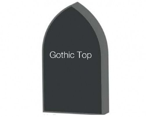 Dark gray tombstone with a gothic arch top, labeled 