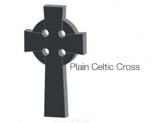Dark gray, three-dimensional Celtic cross with circle and four holes. White text: 