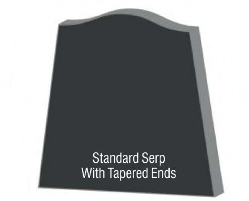 Black headstone with curved top and tapered sides, with grey edges. Text: 