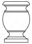 White drawing of a decorative vase with a wide middle and flared top and bottom.