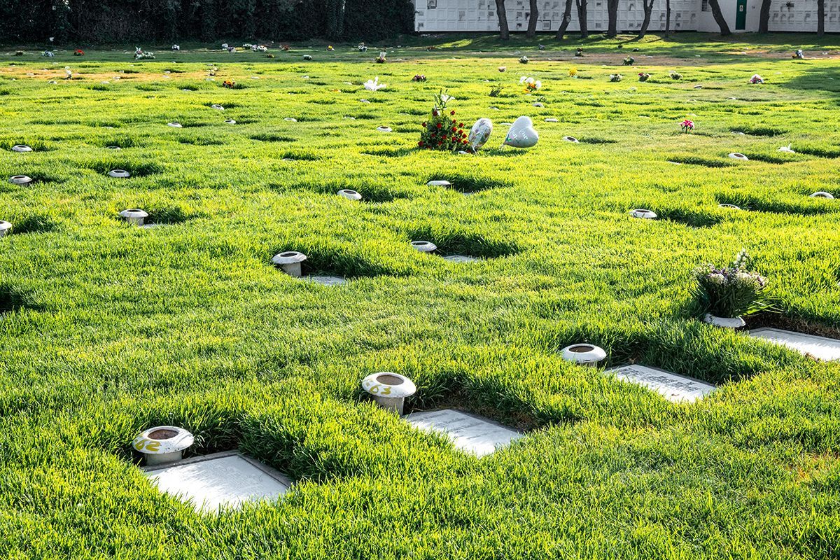 Lush green cemetery with rectangular headstones set in grass, several with small floral arrangements.