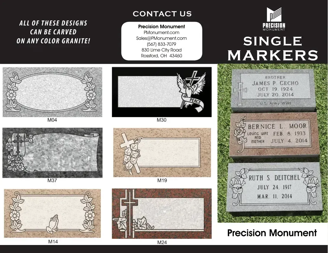 Single markers with design examples. Includes contact info for Precision Monument.