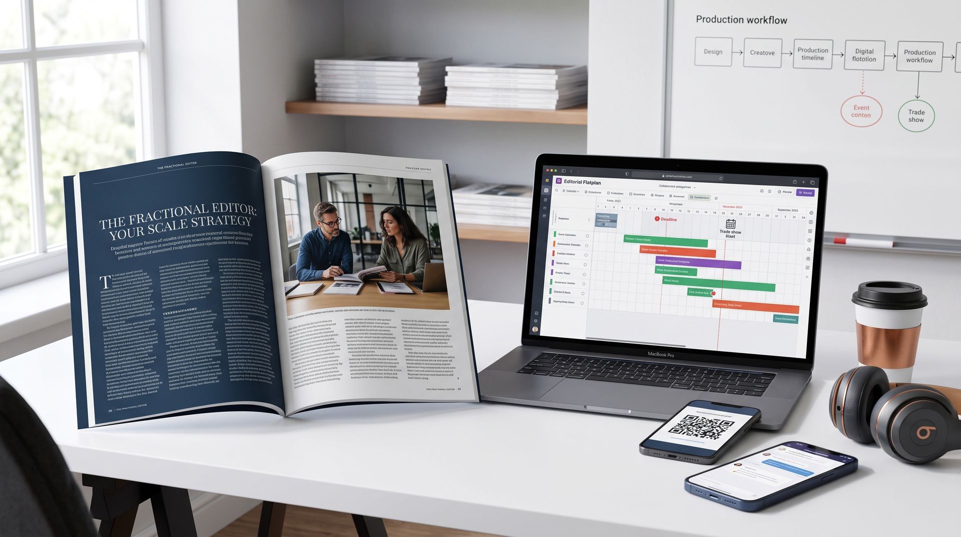 A view of a modern office desk featuring a magazine, laptop, and smartphones