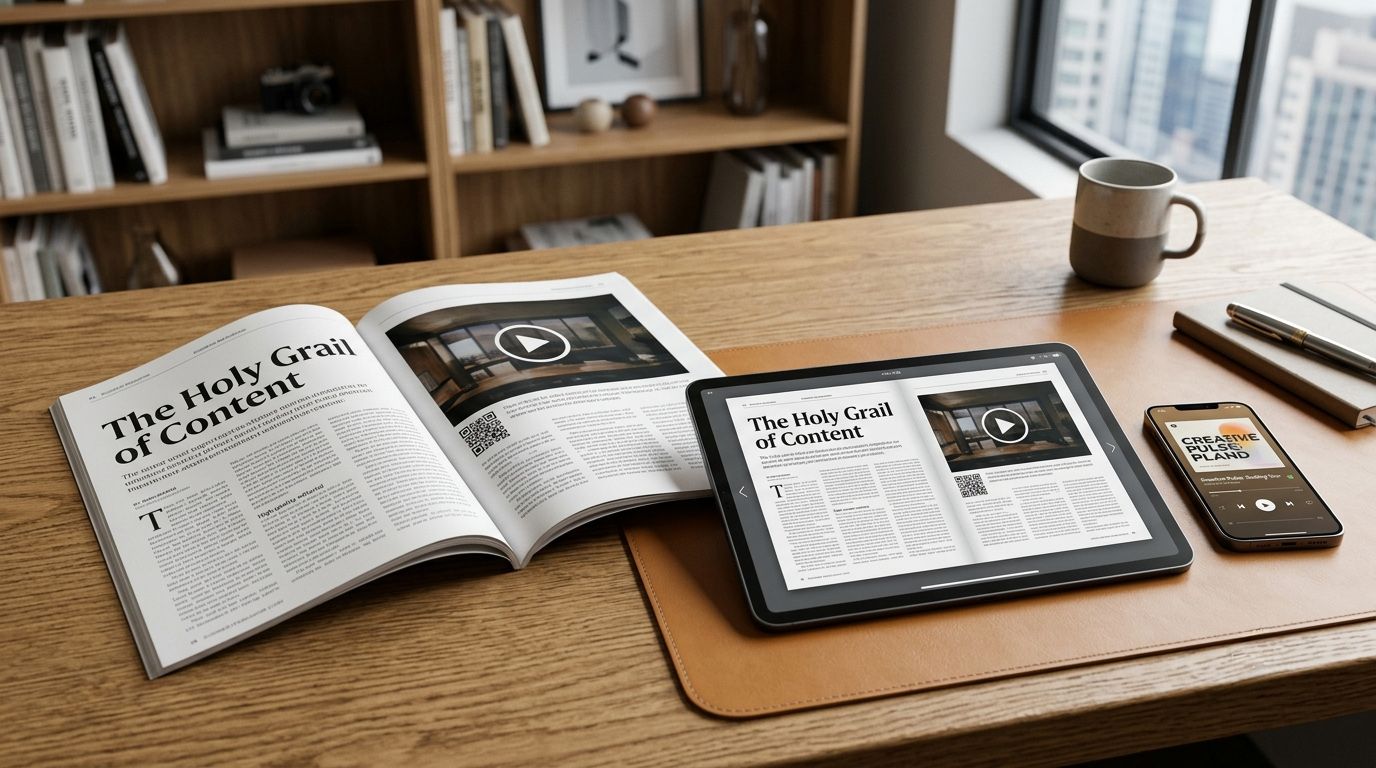 A premium printed magazine titled 'Media Strategy' lies open on a professional desk