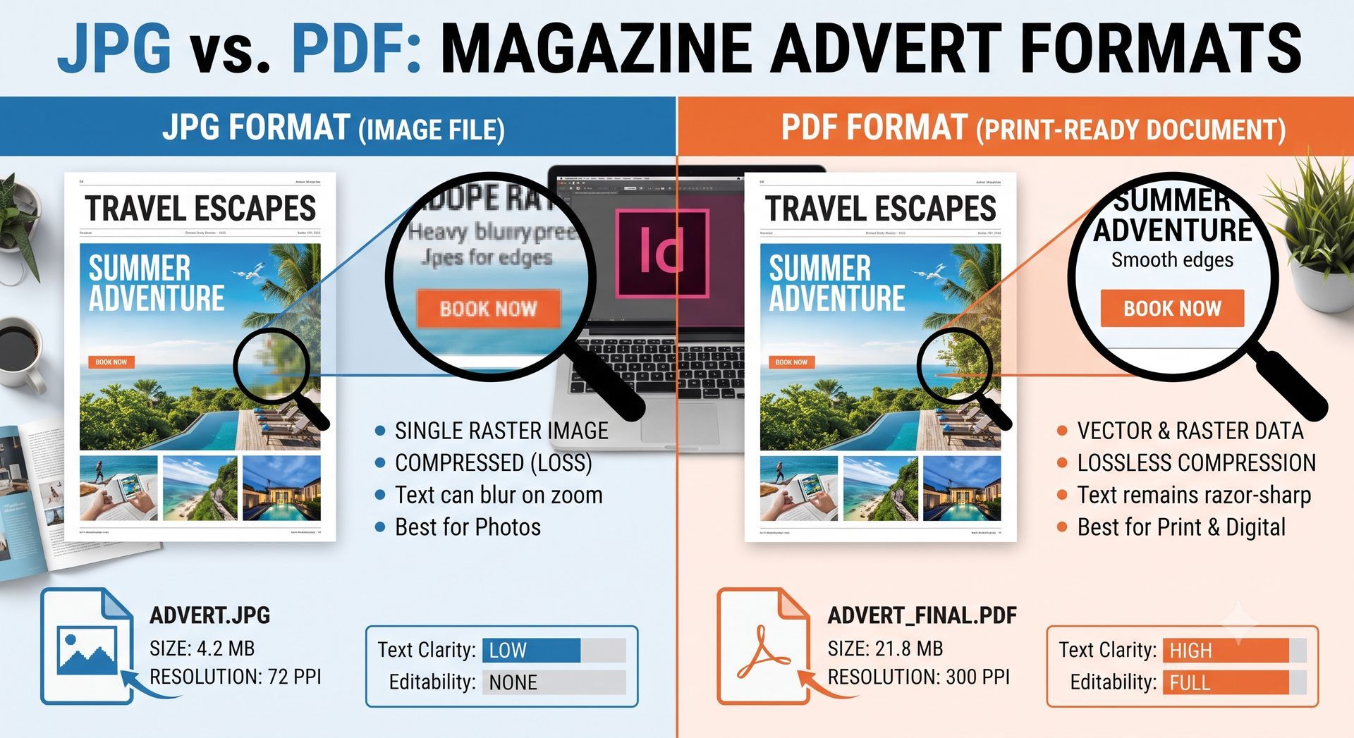 Infographic showing the differences between JPG vs. PDF artwork