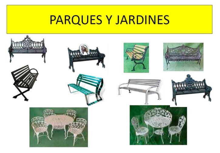 Un collage de bancos y mesas de parque con las palabras parques y jardines encima