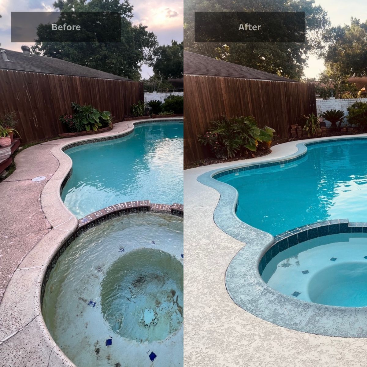 Before and after comparison showing a dirty backyard swimming pool and hot tub being cleaned and renovated.