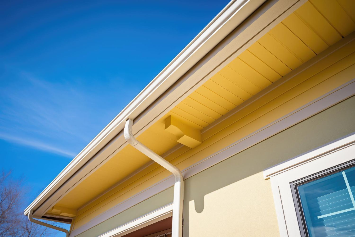 A yellow house with a white gutter and a window