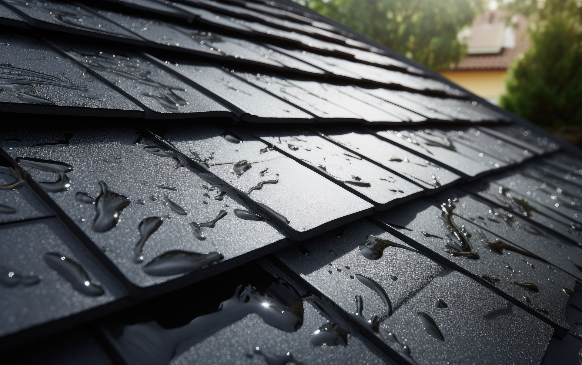 A close up of a black roof with water drops on it