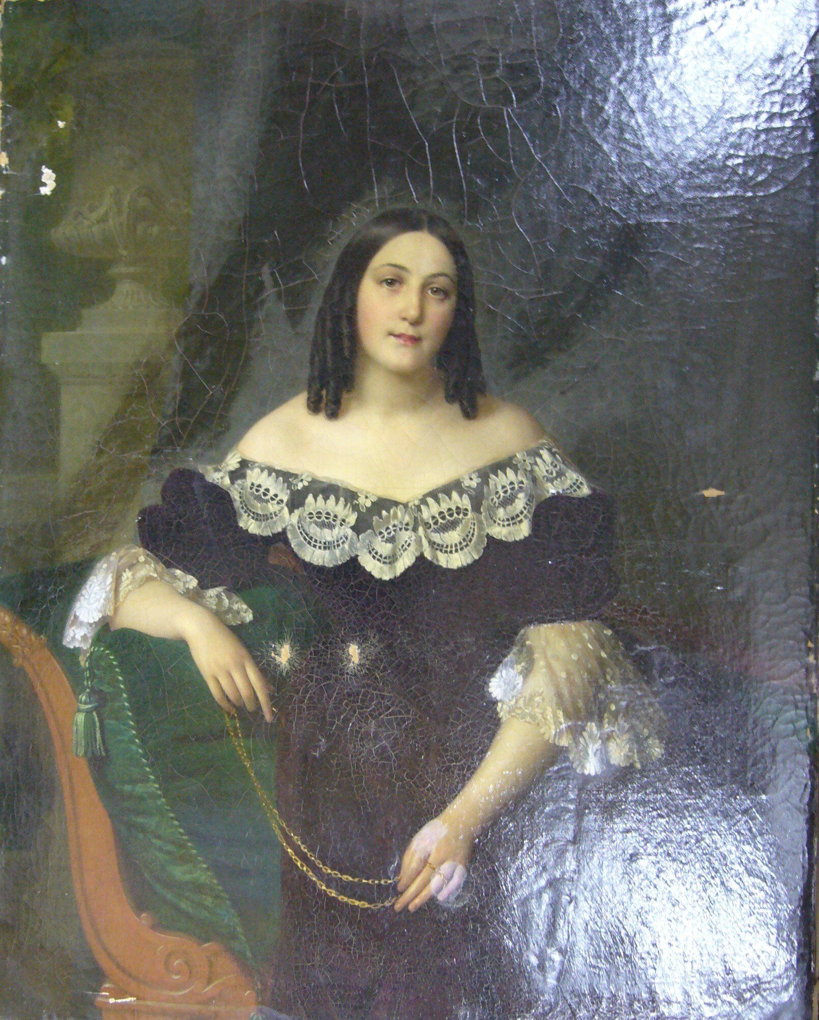 Portrait of woman before work started showing thick discoloured varnish and paint losses