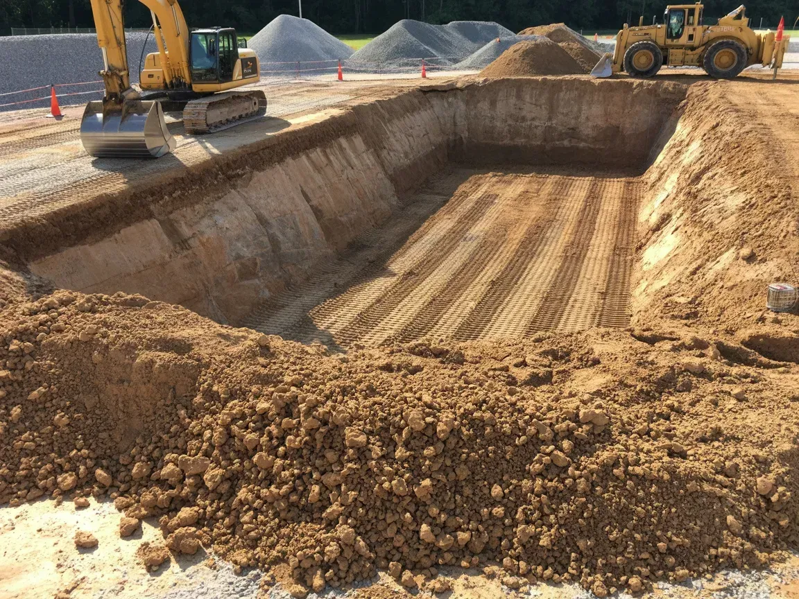 Excavator and loader working at a large dirt excavation site with a deep trench and soil piles
