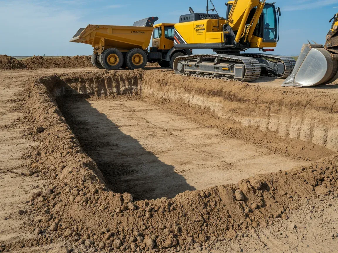 Excavator and dump truck working on a dirt excavation site under a clear sky