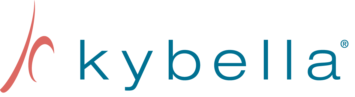 A blue and red logo for kybella on a white background