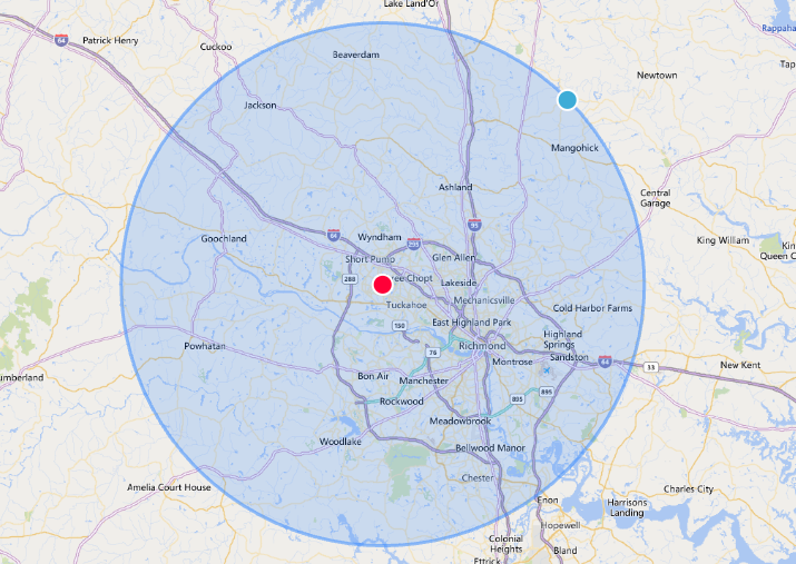 A map of a city with a circle around it