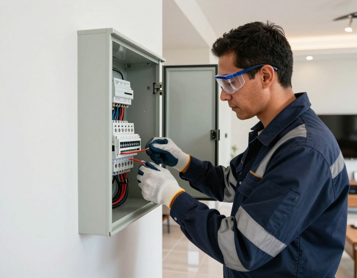 Técnico instalando un centro de carga eléctrico
