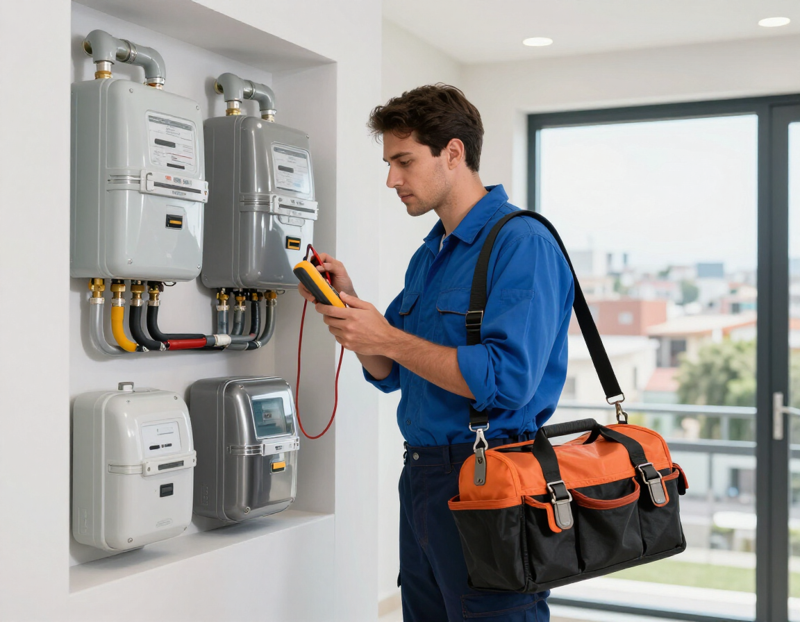 Técnico verificando instalaciones de gas y electricidad