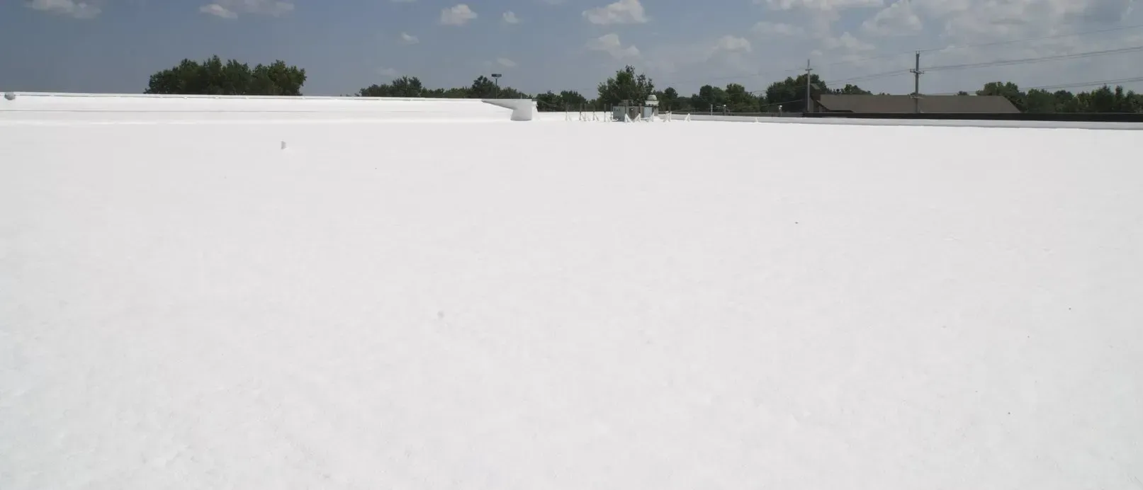 A white roof with trees in the background on a sunny day.