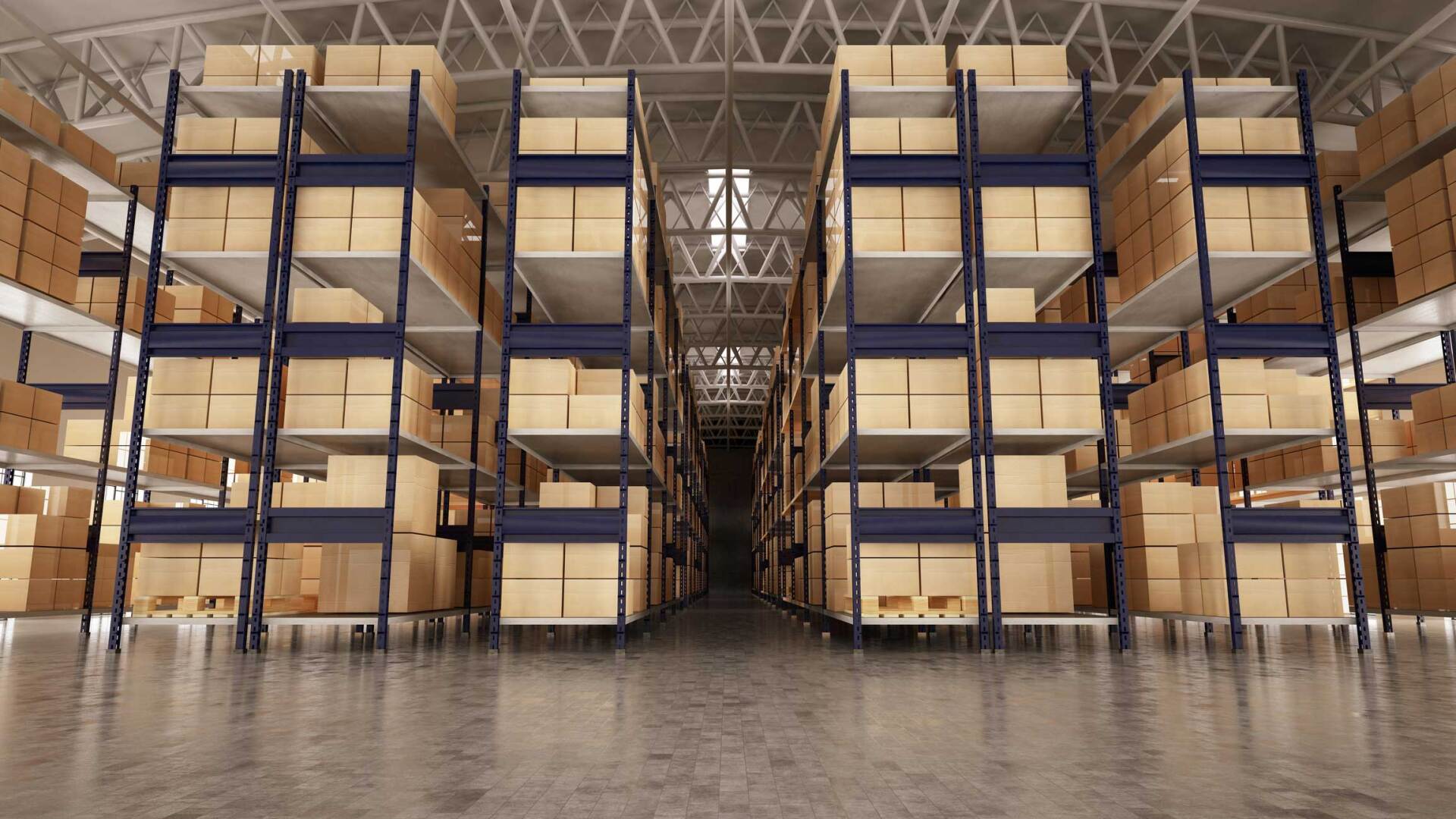 Interior of a warehouse storage with pallet racks and shelves full of boxed products. Interior of a warehouse storage with pallet racks and shelves full of boxed products.