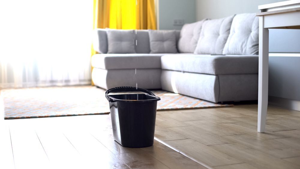 Bucket on the floor with dripping water from the ceiling  - Plumber in Mount Low, QLD