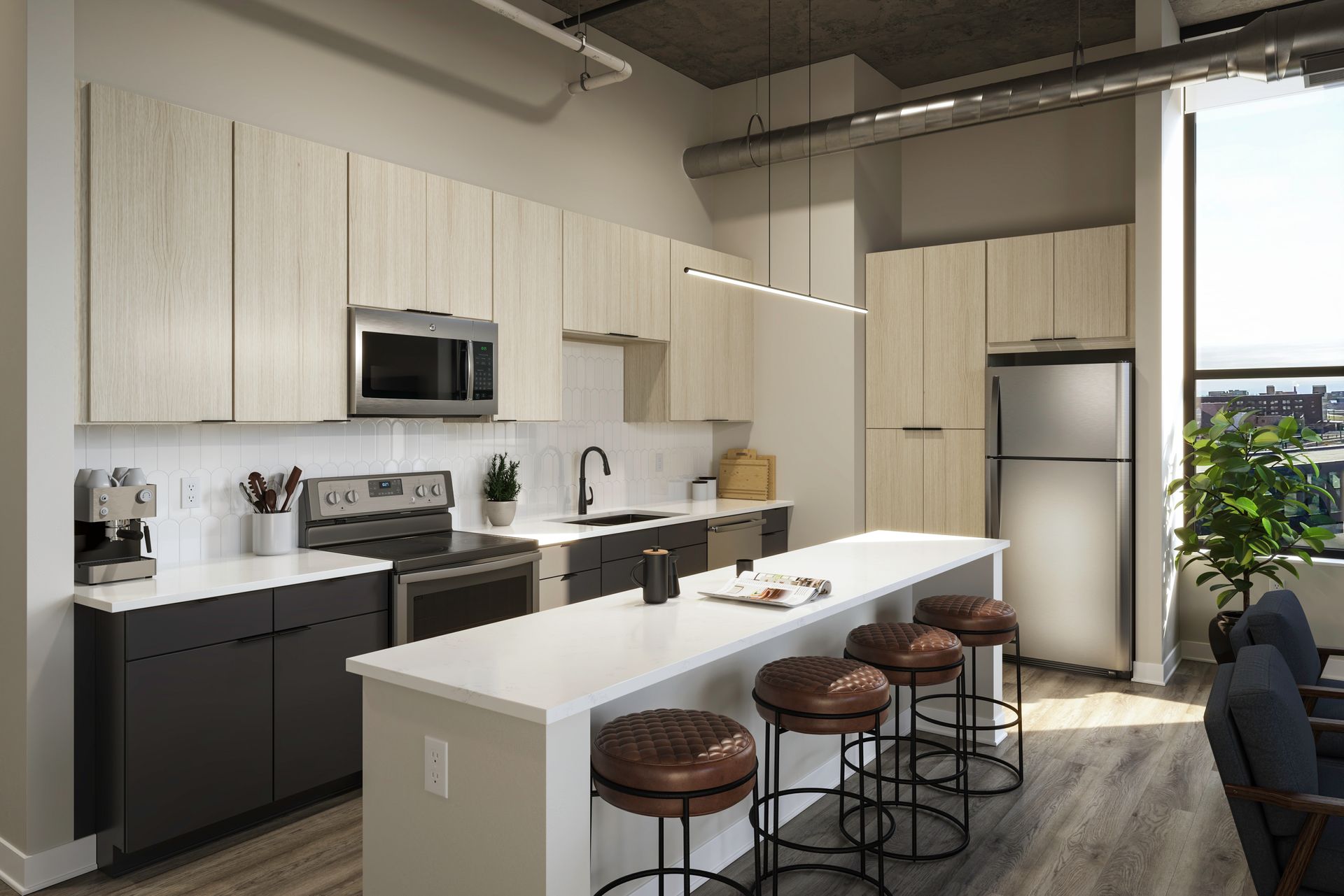 An artist 's impression of a kitchen with a long island and stools at 4th & Park
