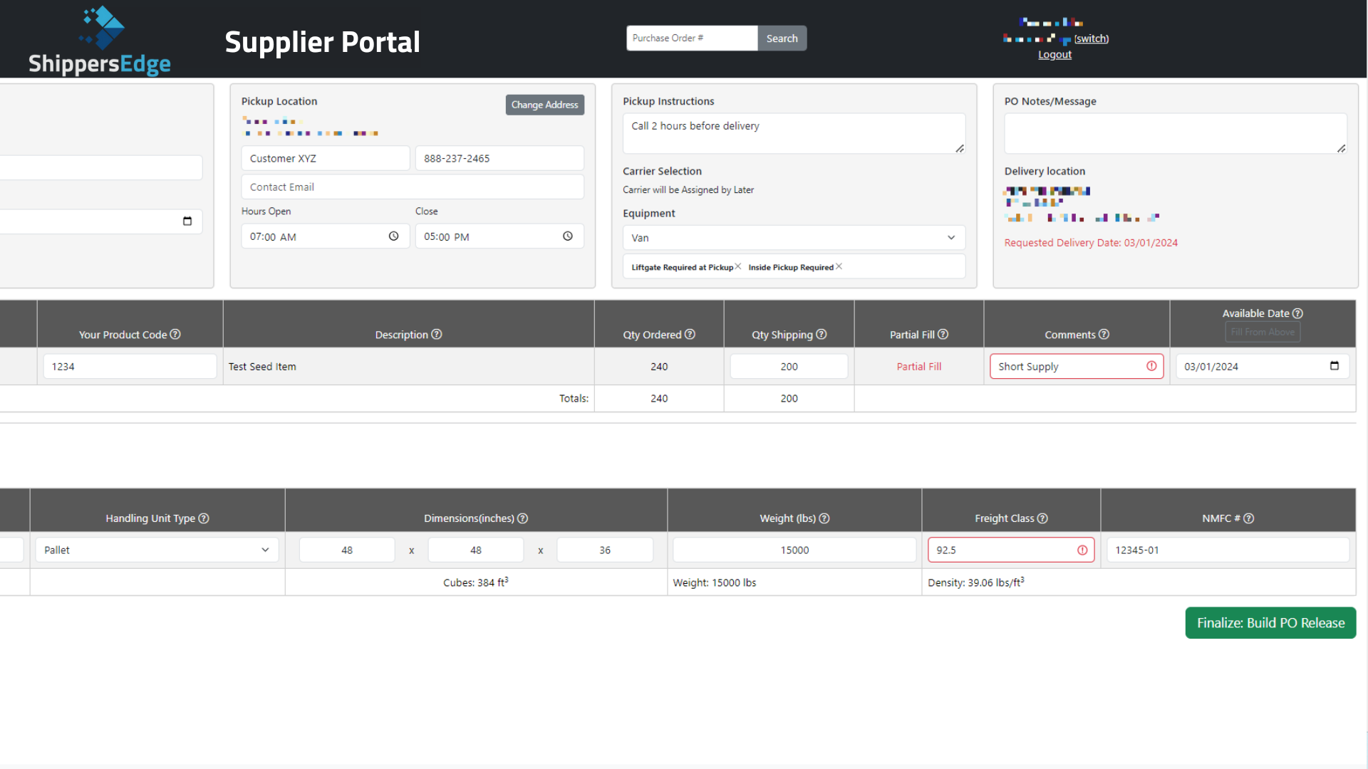 A screenshot of a supplier portal on a computer screen.