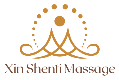 A logo for xin shenti massage with a crown on it