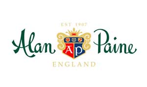 Un logo per alan paine england con uno stemma su sfondo bianco.