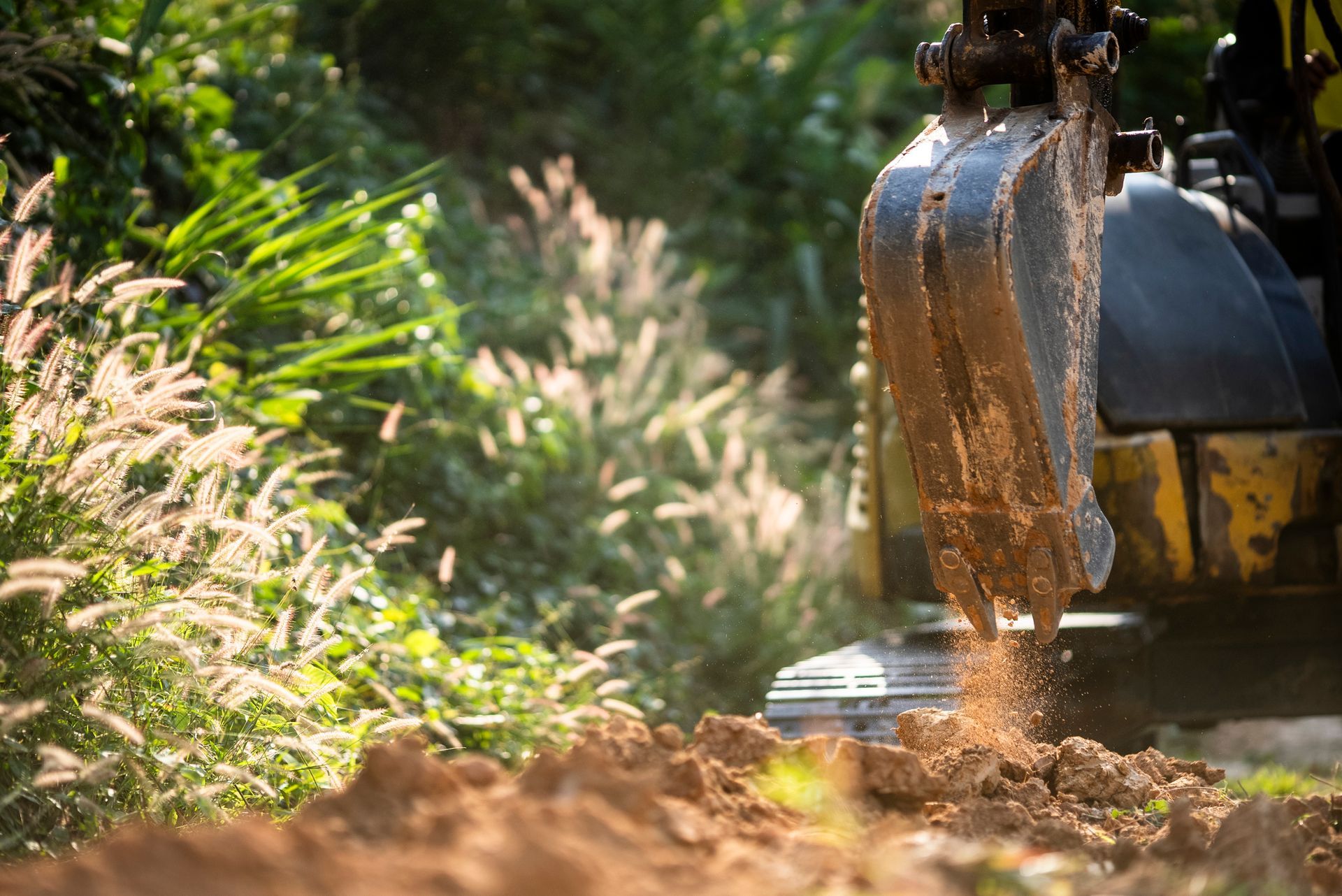 A bulldozer is digging a hole in the ground in the woods.