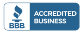 BBB Accredited Business logo: white and blue, torch symbol, text 