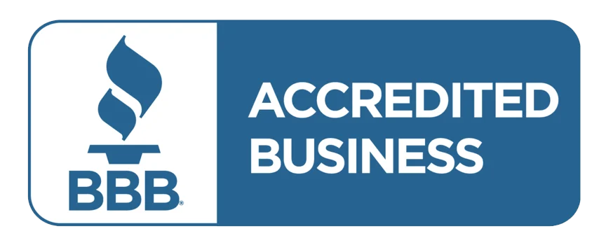 BBB Accredited Business logo: white and blue, torch symbol, text 