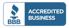 BBB Accredited Business logo: white and blue, torch symbol, text 