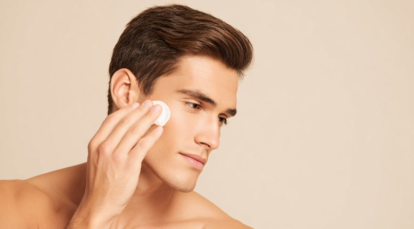 Man applies skincare to his face with a cotton pad, neutral background.