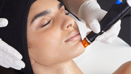 A woman is getting a treatment on her face.