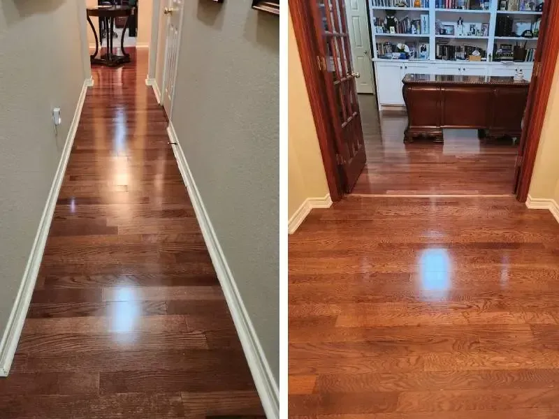 Two views of a hallway with glossy, dark wood floors. One leads toward a desk and the other down a narrow path.