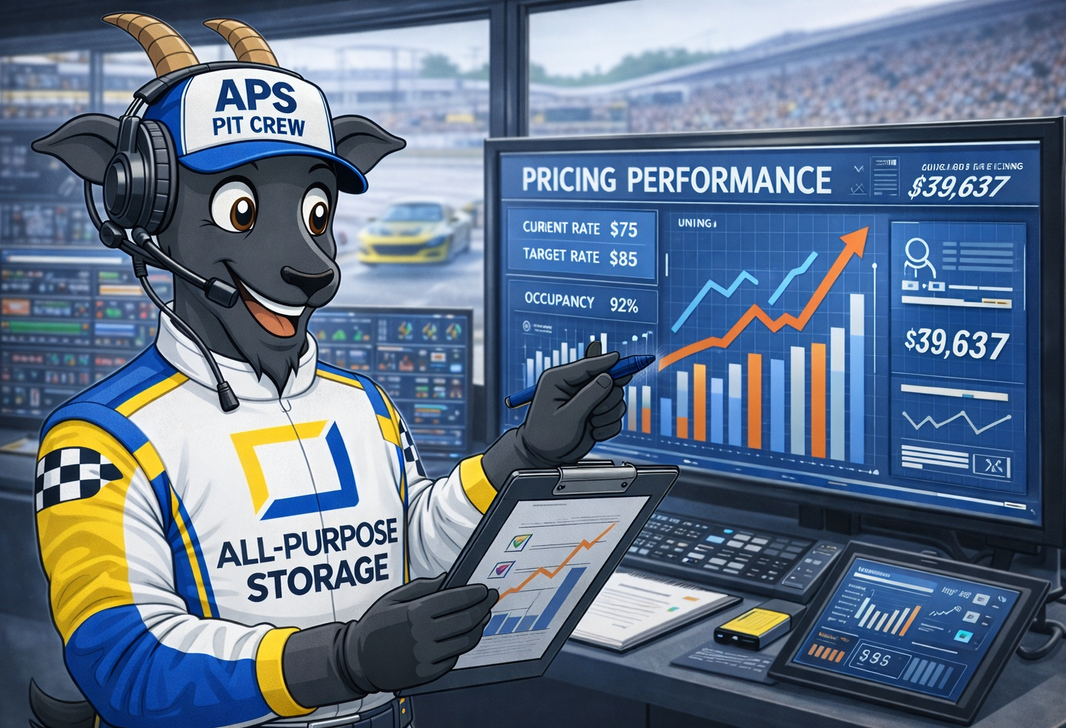 Goat mascot in racing attire analyzes performance graphs at a workstation overlooking a racetrack.