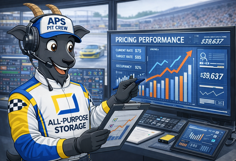 Goat mascot in racing attire analyzes performance graphs at a workstation overlooking a racetrack.