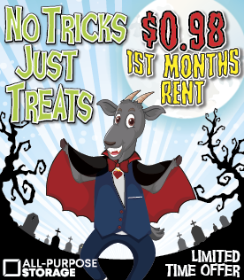 Halloween themed promo banner with two vamprie and zombie goats highlighting $0.98 First Months Rent.
